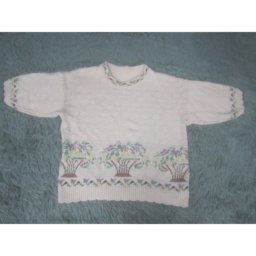 VTG Womens Knit Sweater Medium Pink Short Sleeve Floral Print